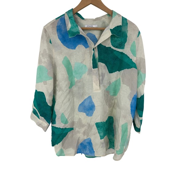 Chico's Tops - Chicos Linen Popover Top Blouse Size 2 (L/12) Abstract Watercolor